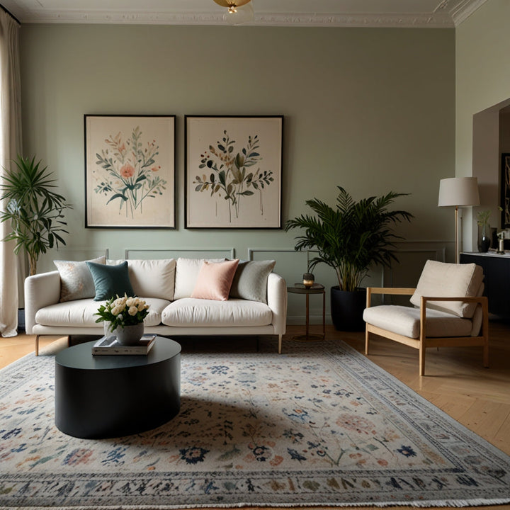 In the centre of the room is a large Persian carpet with a border of floral designs in pastel red, beige and pastel green.