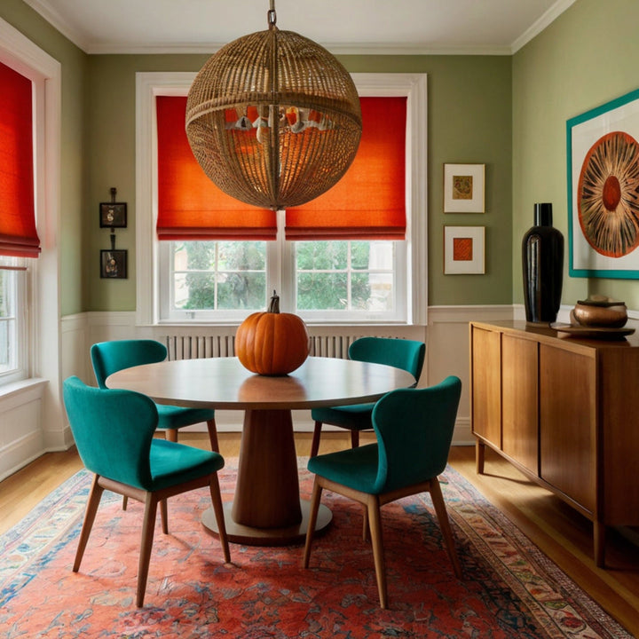 The dining room boasts a warm and inviting atmosphere, enhanced by an oriental-style carpet measuring 5x8. The round dining table, situated at the centre of the