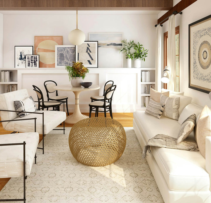 It depicts a modern and stylish living room with a warm and inviting atmosphere. On the right side of the layout is a white sofa with cushions in neutral tones
