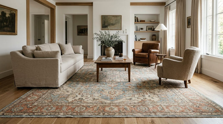 A bright living room styled with a large vintage-inspired area rug, soft neutral seating, and a balanced furniture layout.