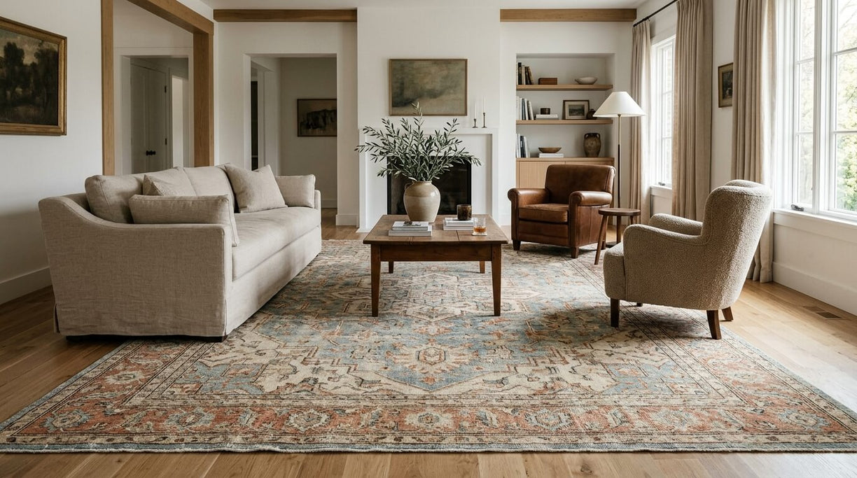 A bright living room styled with a large vintage-inspired area rug, soft neutral seating, and a balanced furniture layout.