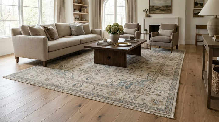 A large 10x13 handmade wool rug anchoring a living room seating area with sofa, chairs and visible wood floor border.