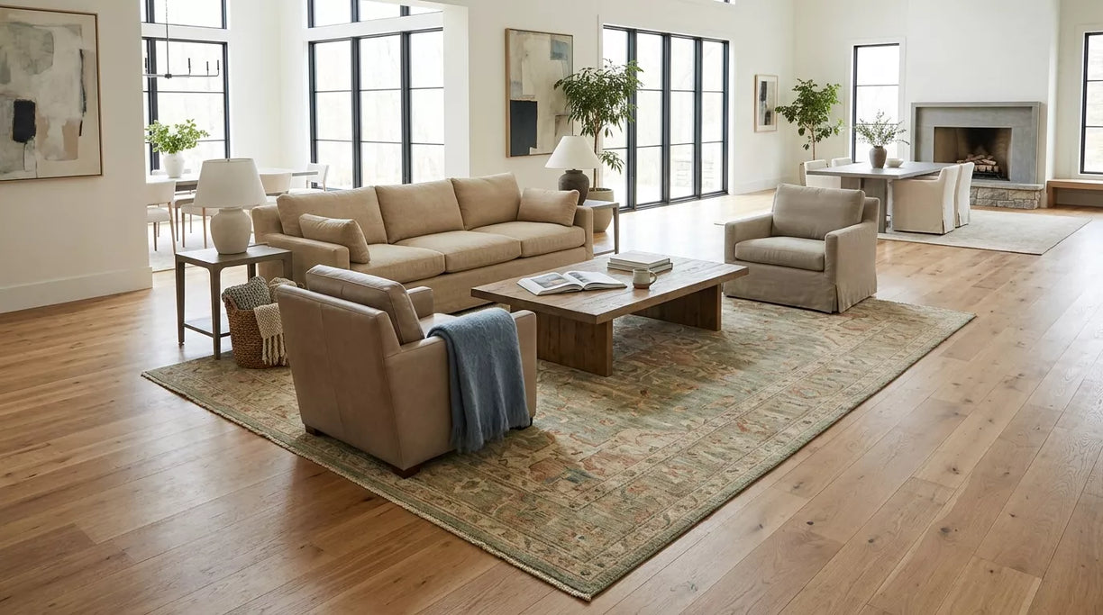 Bright great room with a 10x14 area rug anchoring a spacious living room seating layout.