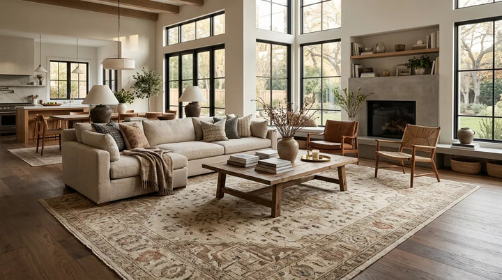 A spacious modern great room with a large 12x15 vintage-style wool rug anchoring the full seating area.