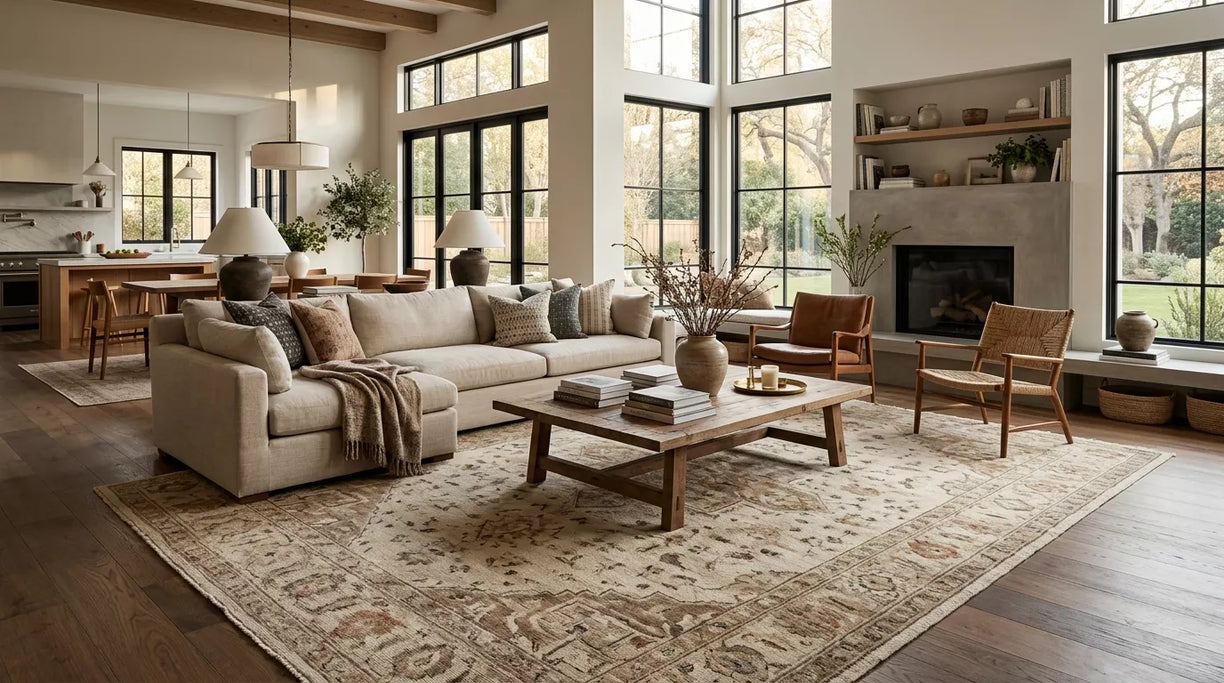 A spacious modern great room with a large 12x15 vintage-style wool rug anchoring the full seating area.
