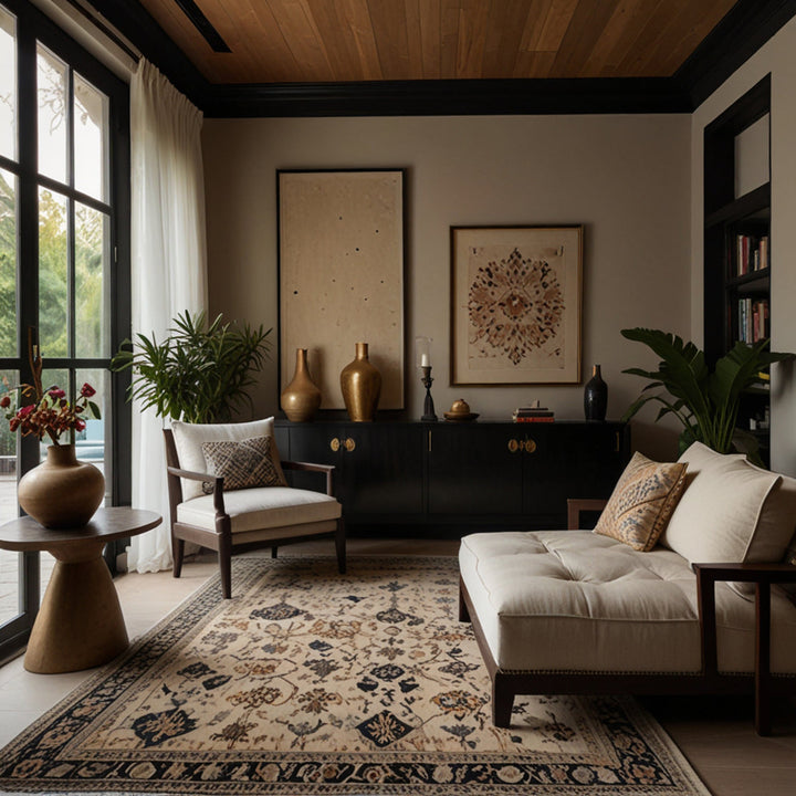 The room is anchored by a substantial hand-woven Turkish rug, showcasing a serene geometric pattern in beige and black. The rug, measuring 7x9 feet, exudes a se