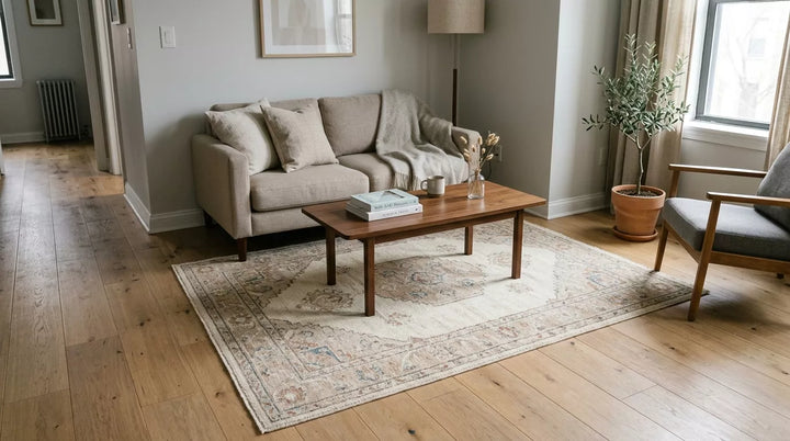 Small living room with a handmade vintage-style 5x7 rug placed under a coffee table to show realistic room fit.