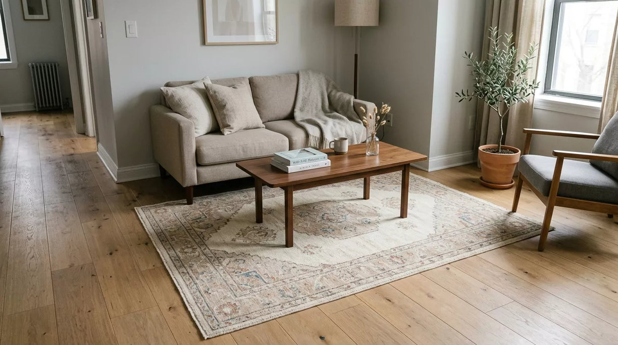 Small living room with a handmade vintage-style 5x7 rug placed under a coffee table to show realistic room fit.
