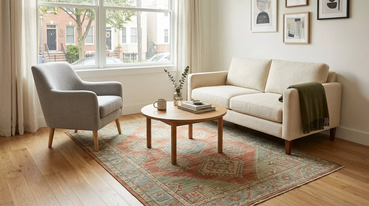 5x8 handwoven wool rug styled in a compact living room seating area with a sofa, chair, and coffee table.