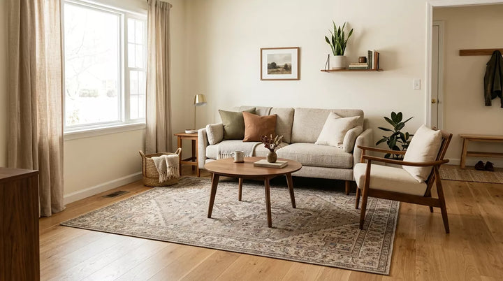 6x8 vintage-style wool rug in a compact living room with a sofa, coffee table and accent chair