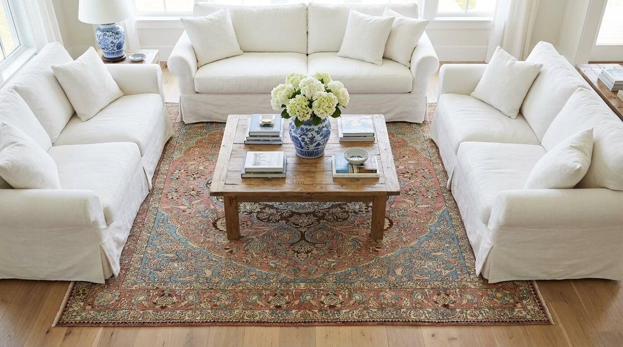 Vintage-style 6x9 rug anchoring a bright small living room seating area