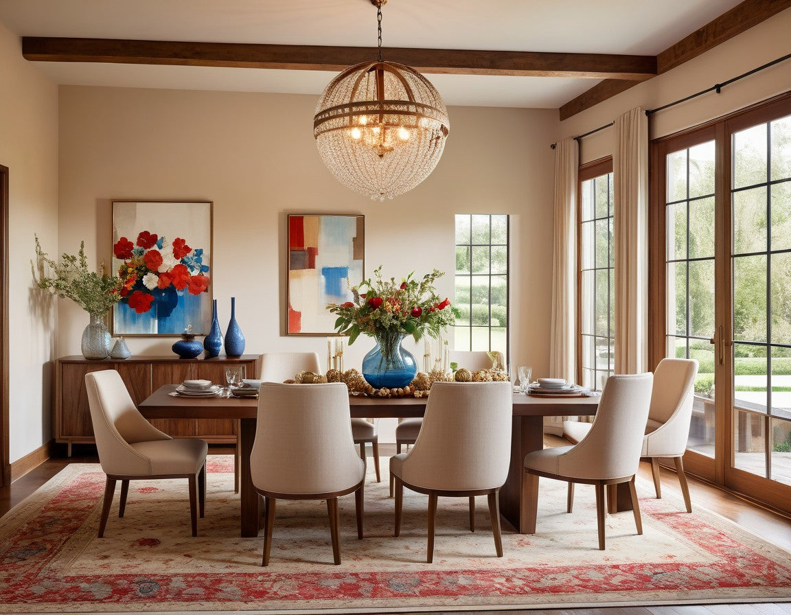 a modern dining room with a warm and inviting atmosphere. The layout features a rectangular wooden dining table surrounded by eight upholstered chairs in a ligh