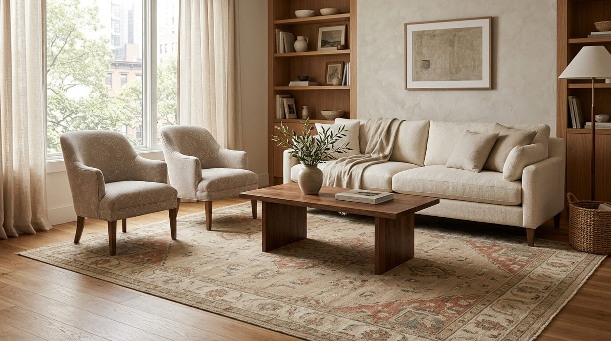 7x10 area rug in a quiet luxury living room with a balanced seating layout and visible floor border.