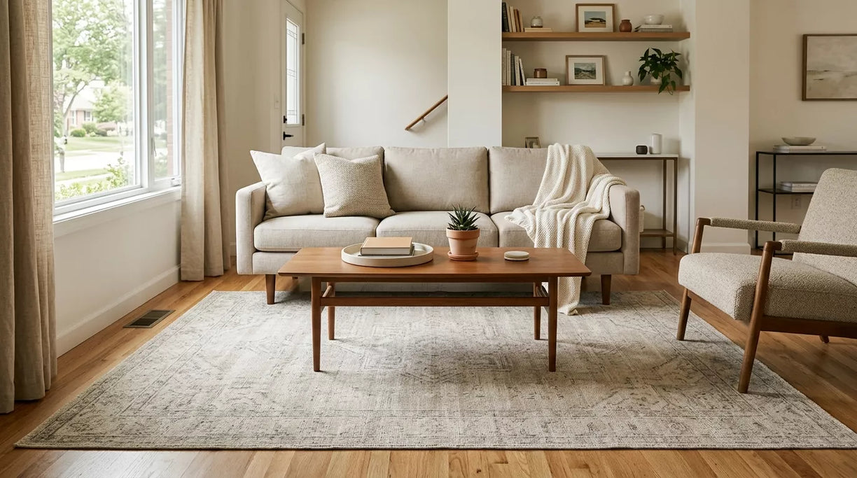 Modern living room with a neutral 7x9 rug anchoring a compact seating area under the front legs of the sofa.