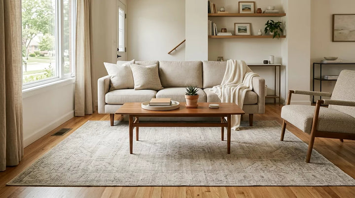 Modern living room with a neutral 7x9 rug anchoring a compact seating area under the front legs of the sofa.