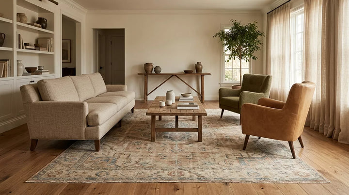 Medium-to-large living room with a handmade vintage wool rug in an 8x11 layout, showing balanced furniture coverage without the heavier footprint of a larger rug