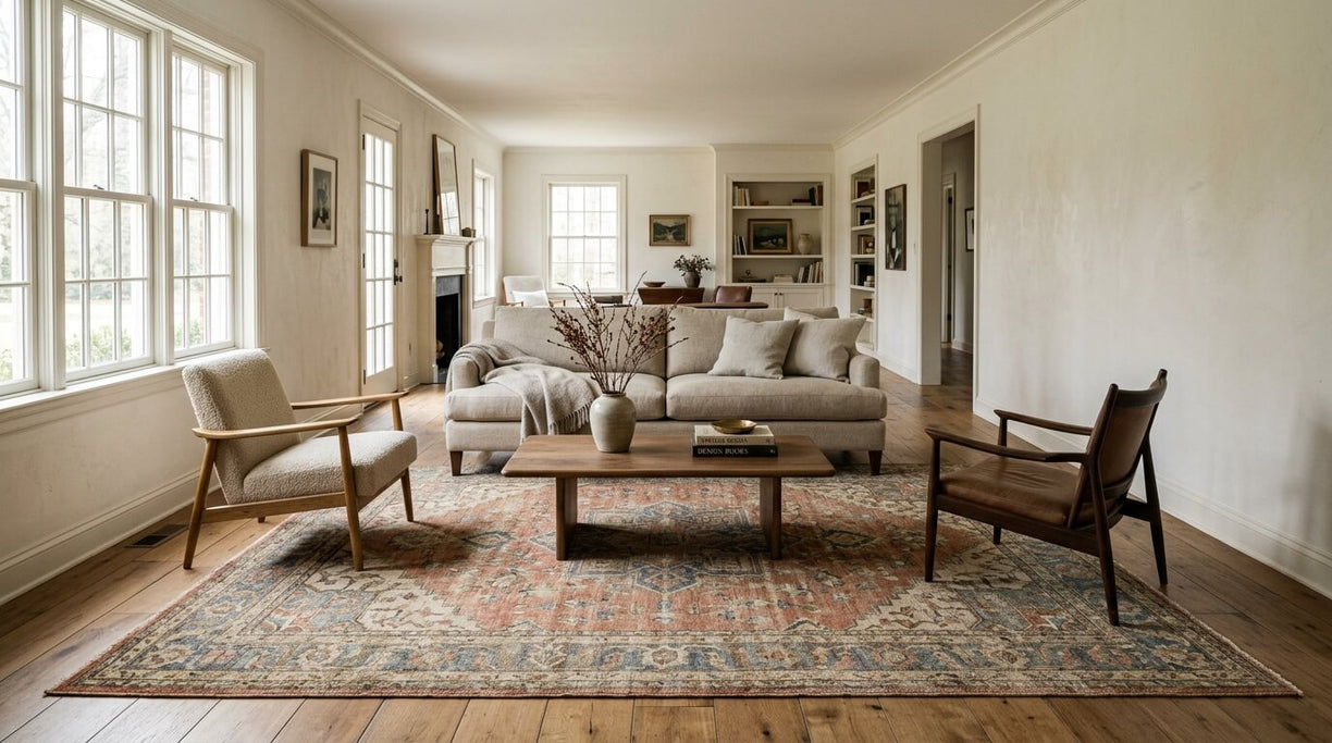 Vintage 8x12 area rug anchoring a bright rectangular living room with a sofa, two chairs, and a wooden coffee table.