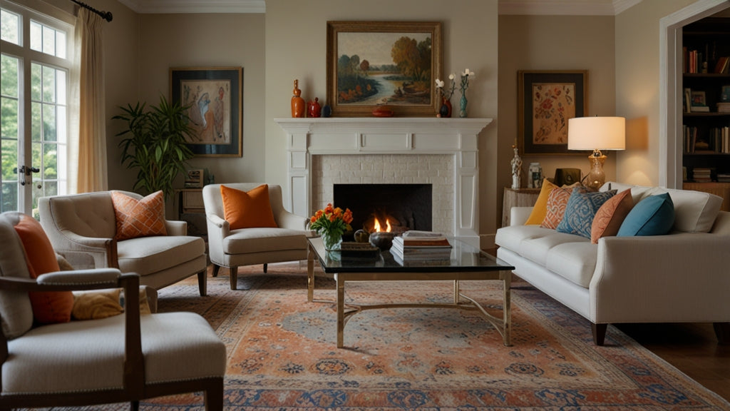 The living room is illuminated by a warm glow, with a large 10x12 hand-woven Turkish rug in soothing neutral tones at its centre. The room is enhanced by soft d