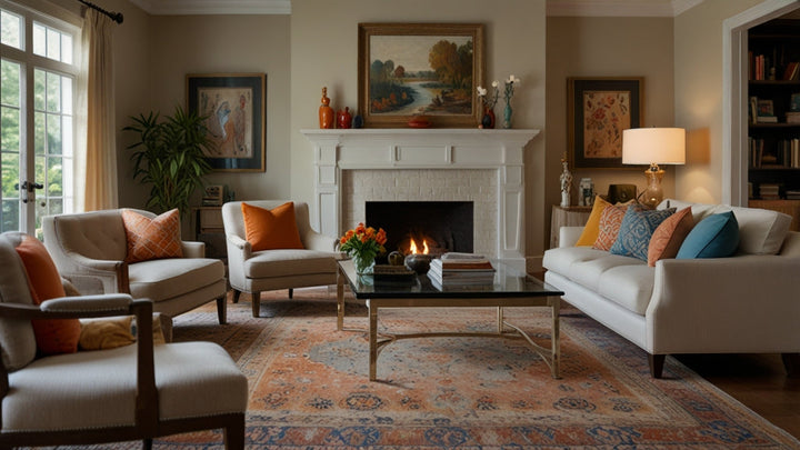 The living room is illuminated by a warm glow, with a large 10x12 hand-woven Turkish rug in soothing neutral tones at its centre. The room is enhanced by soft d