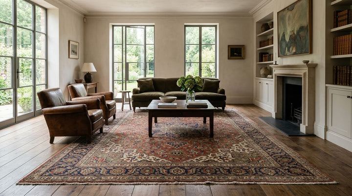 Large living room with a vintage 9x12 rug creating a balanced and elegant seating layout.