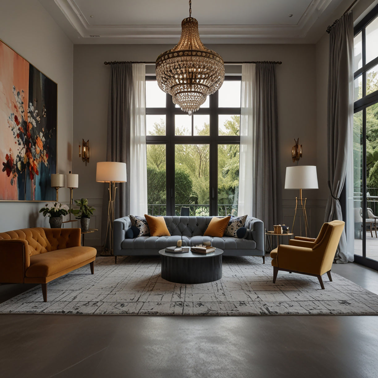 The picture depicts a large living room in modern style with an elegant layout. The room has high ceilings and one large modern metal lighting. The walls are pa