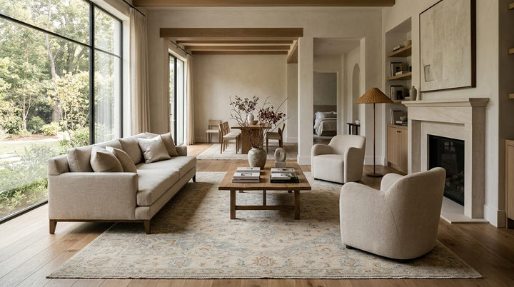 Editorial neutral living room with a handmade area rug in a quiet luxury open-plan interior