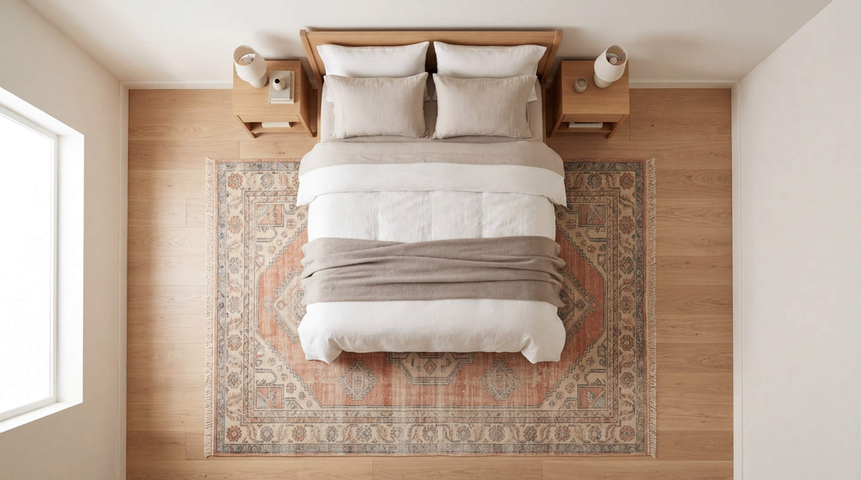 Top view of a queen bed with a vintage rug placed underneath using the two-thirds placement rule in a minimal bedroom setting