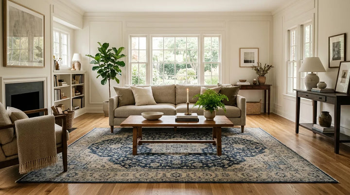 Navy and cream Oushak-style blue rug anchoring a beige sofa in a bright living room with light oak floors.