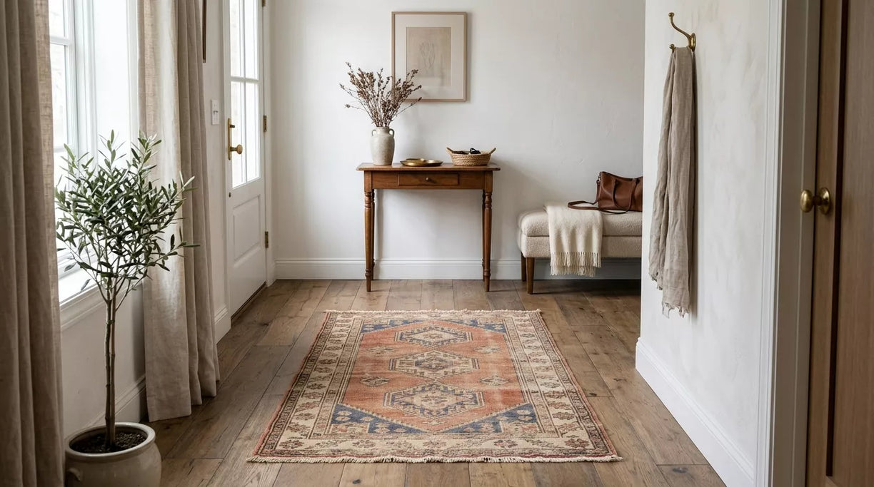 Handmade 4x6 vintage wool rug in a bright entryway showing elegant small-space placement