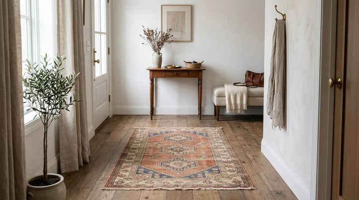 Handmade 4x6 vintage wool rug in a bright entryway showing elegant small-space placement