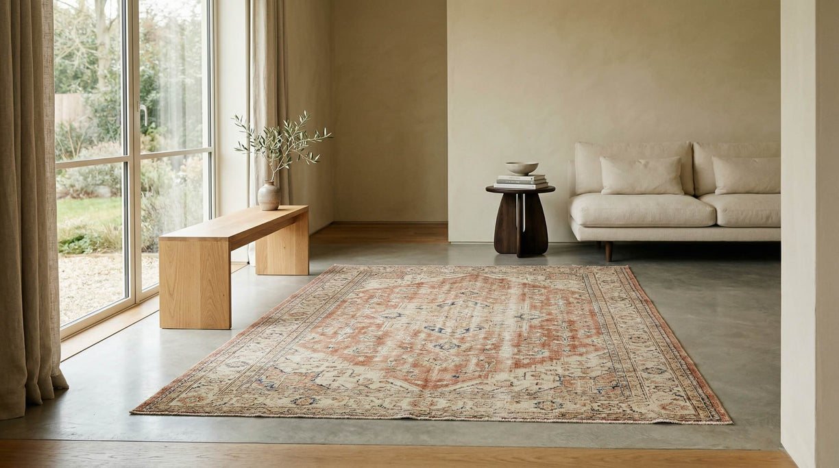 Clean handmade vintage rug styled in a calm interior, showing natural wool texture and well maintained fibers after proper cleaning