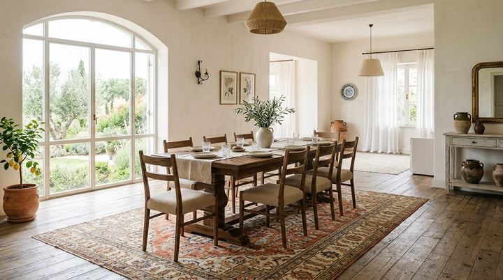 Vintage Turkish dining room rug under a large wooden table in a bright Mediterranean-style interior with natural light