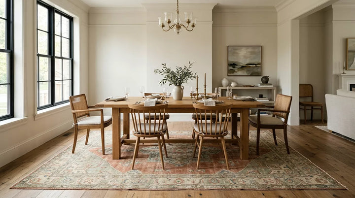 Bright dining room with a rectangular wooden table on a handmade vintage rug sized with comfortable chair clearance