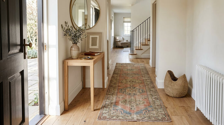 Open front door entryway with a vintage runner rug and natural light creating a warm and inviting first impression in a modern home