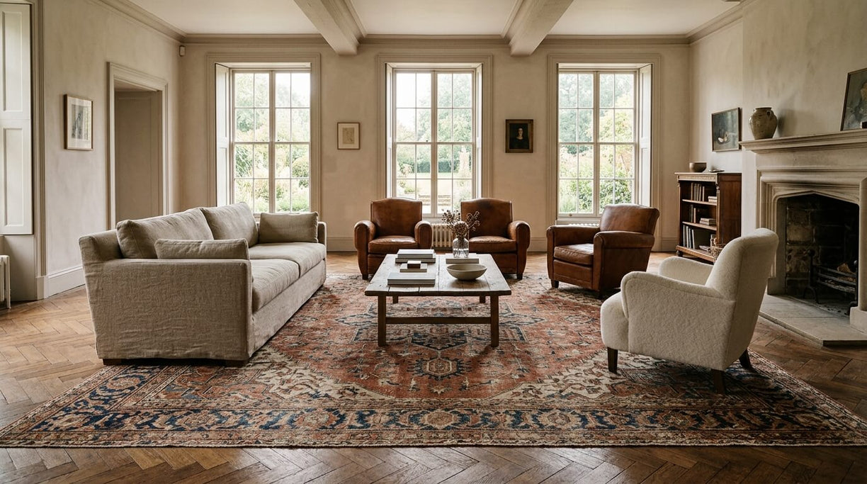 Extra large vintage rug anchoring a grand living room with a full seating layout