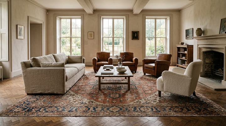 Extra large vintage rug anchoring a grand living room with a full seating layout