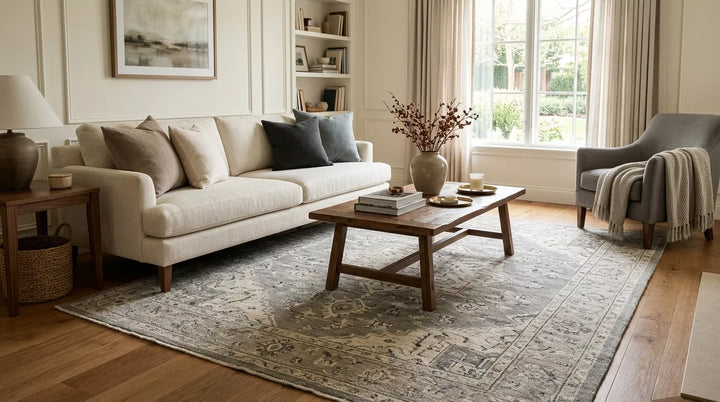Handmade gray wool rug anchoring a warm living room with a cream sofa, wood coffee table, gray accent chair, and natural daylight.