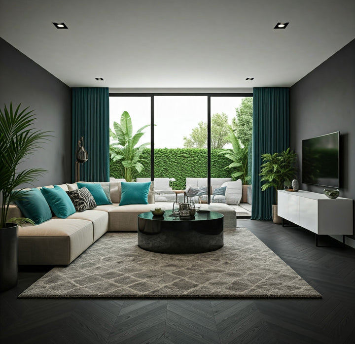 The layout features a spacious, open-plan area with a large L-shaped beige sofa adorned with teal and gray cushions. A round black coffee table sits on a patterned Moroccan gray rug, complementing the dark herringbone wood flooring. 