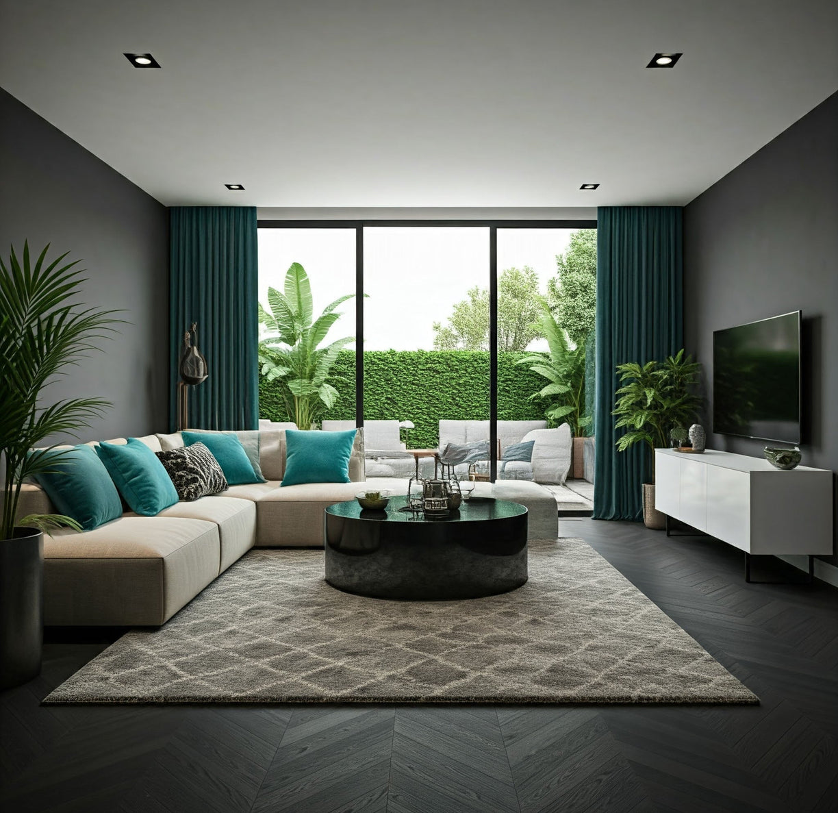 The layout features a spacious, open-plan area with a large L-shaped beige sofa adorned with teal and gray cushions. A round black coffee table sits on a patterned Moroccan gray rug, complementing the dark herringbone wood flooring. 