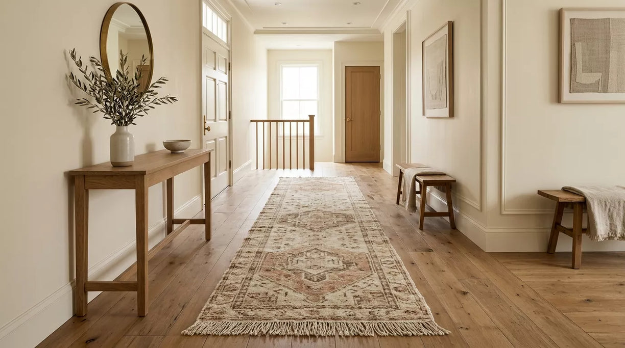 Handwoven wool runner rug placed in a warm hallway with natural wood floors and soft neutral decor