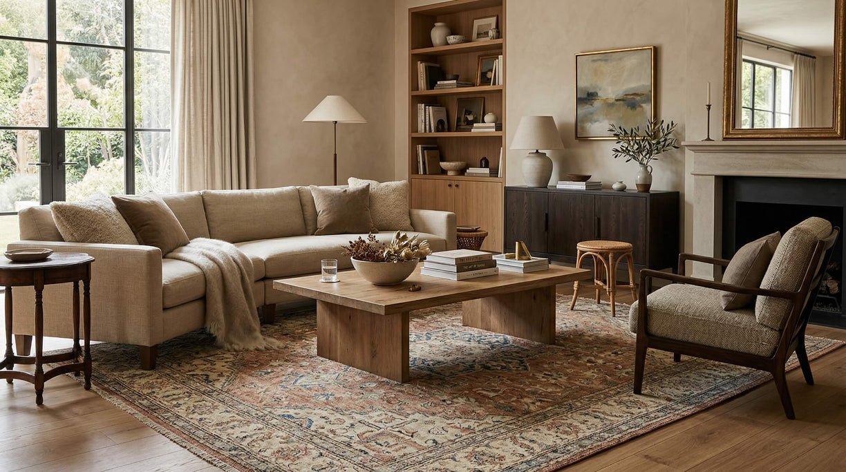 handmade vintage rug in a neutral living room showing proper rug size and furniture placement