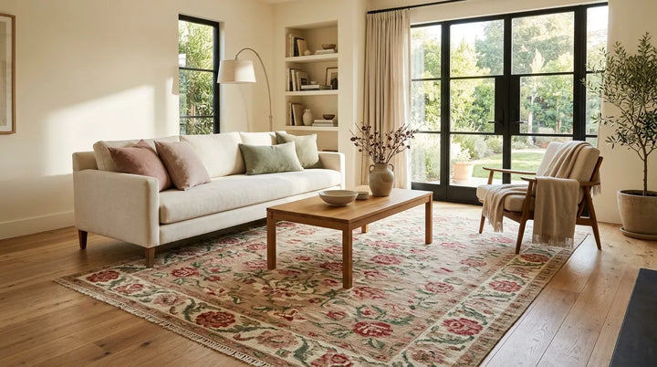 Floral rug styled as the main anchor in a bright living room with neutral furniture, warm wood accents, and coordinated soft decor colors.
