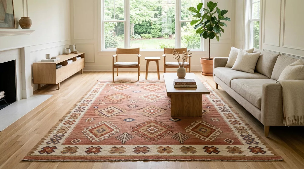 Modern living room with a handwoven kilim rug featuring geometric motifs inspired by Ram’s Horn, Tree of Life, and protective eye symbols