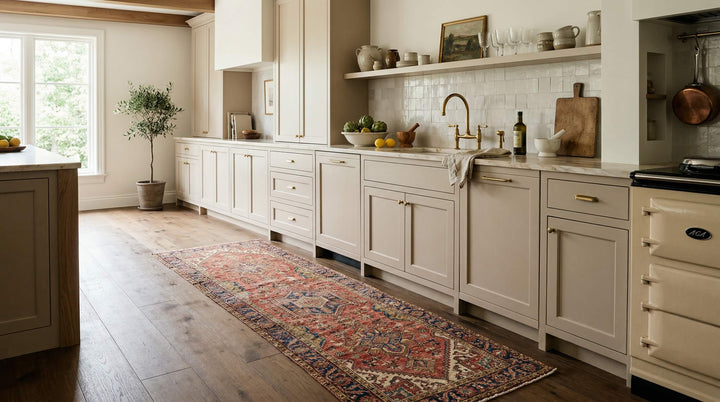 Kitchen with a vintage runner rug placed in front of cabinets in a warm, editorial interior