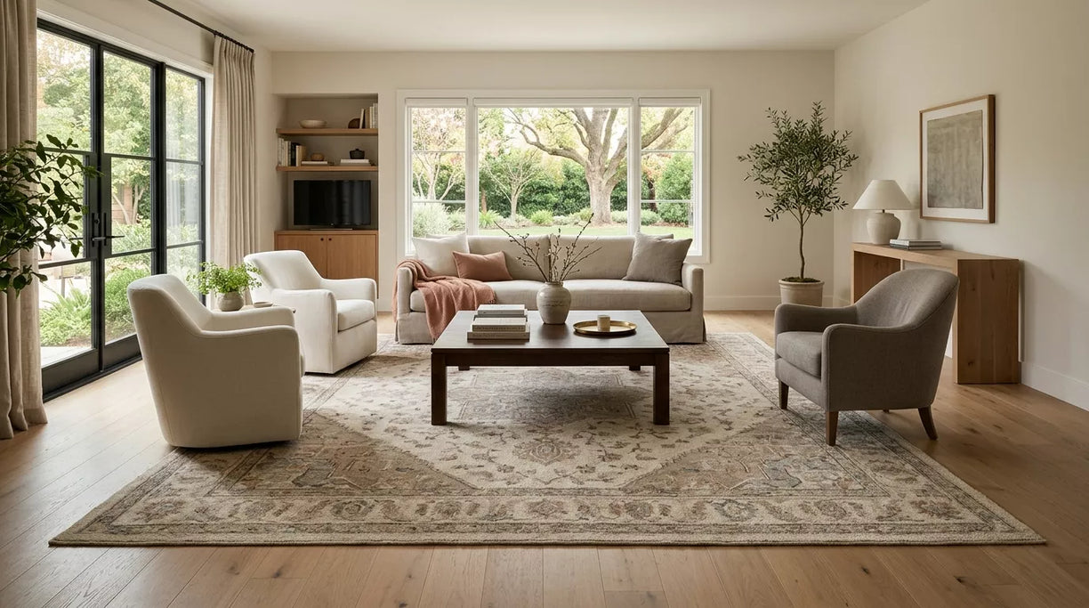 Large area rug anchoring a living room seating layout with sofa, chairs, and coffee table