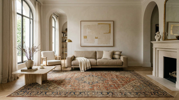 Elegant living room with a large vintage rug showing ideal rug placement and layout for a cozy, well-balanced space