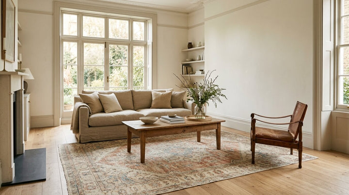 A bright living room styled with a handmade vintage rug, soft neutral furniture, and natural daylight creating a calm and balanced interior space