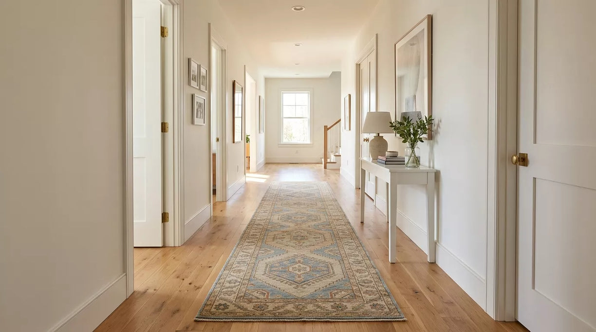 Long runner rug placed in a bright modern hallway with visible floor borders for correct size and placement
