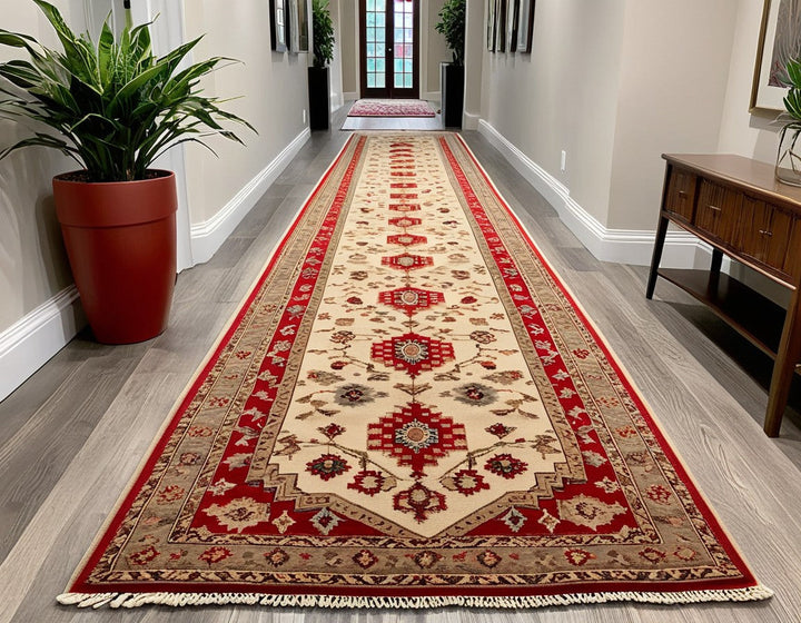 Inviting hallway ambiance, central vintage geometric long runner Oushak carpet (3x14 ft), handmade wool blend, beige, grey, red hues, light and vibrant color mi