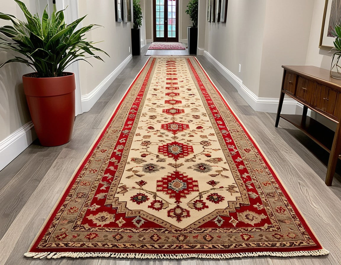 Inviting hallway ambiance, central vintage geometric long runner Oushak carpet (3x14 ft), handmade wool blend, beige, grey, red hues, light and vibrant color mi